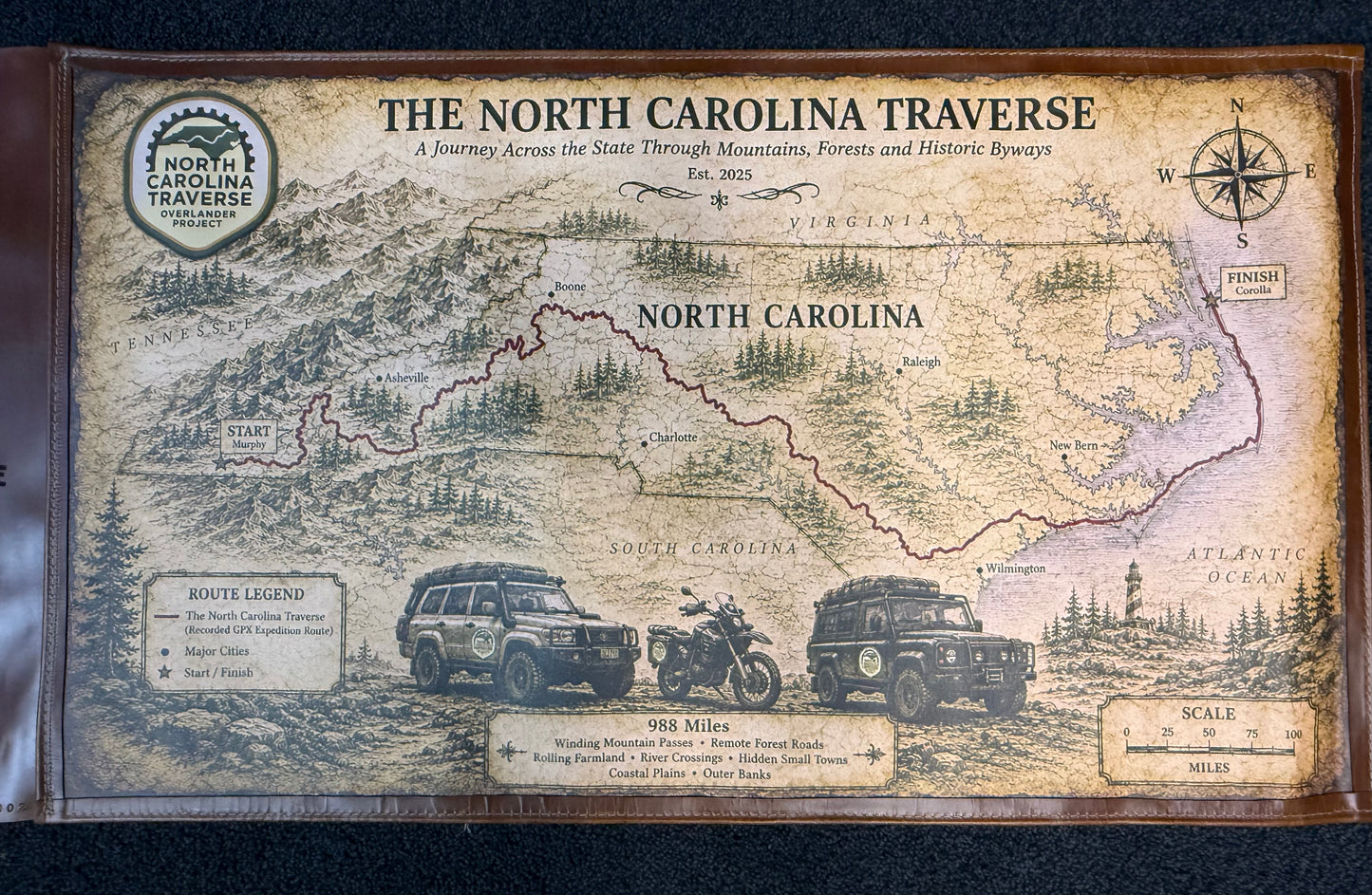 The North Carolina Traverse™ Leather Wrapped Expedition Scroll Map